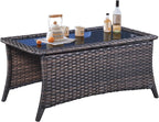 Belord Outdoor Coffee Table with Tempered Glass Top, Patio Rectangular Brown Wicker, Handwoven Rattan Coffee Table Compatible with Patio Furniture Sets for Porch Deck Backyard