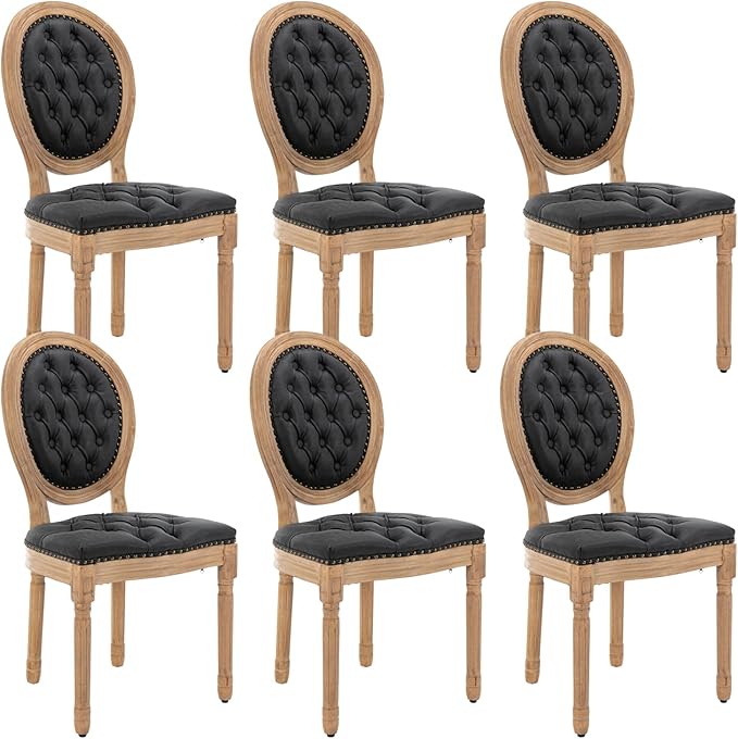 French Country Dining Chairs Set of 6,Farmhouse Upholstered Dining Room Chairs with Tufted Round Back&Solid Leg,PU Leather Kitchen Side Chairs for Kitchen/Bedroom/Dining Room,Black