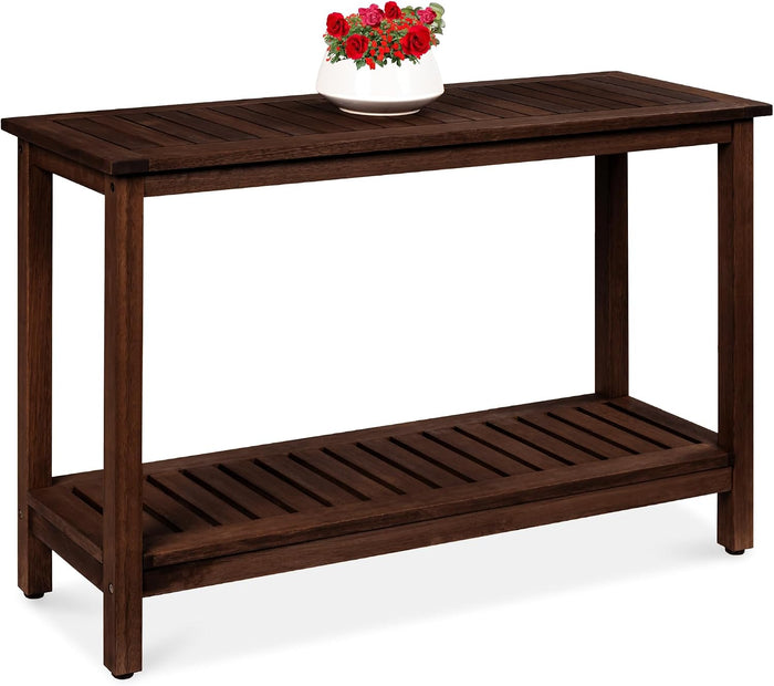 Best Choice Products 48in 2-Shelf Eucalyptus Wooden Console Table Indoor Outdoor Multifunctional Buffet Bar Storage Organizer w/Foot Sliders - Espresso