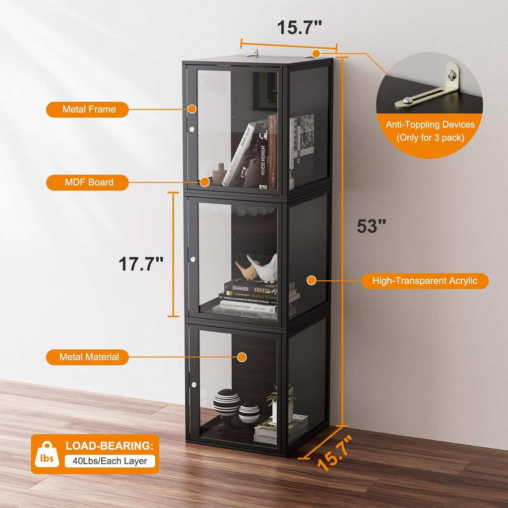 NAIZEA Display Case w/Lock, 17.7"x15.7"x15.7" LED Dustproof Show Case for Collectibles, Figure, Trophy, Display Box for Collectibles Bedroom Living Room Office Game Room,3 Pack