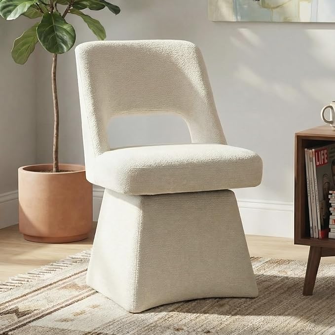 VKNOW Upholstered Swivel Dining Chairs, Modern Dining Room Chairs with Open Back, Chenille Fabric Kitchen Chairs for Dining Room, Living Room, Bedroom, Vanity, Beige(1 Pack)