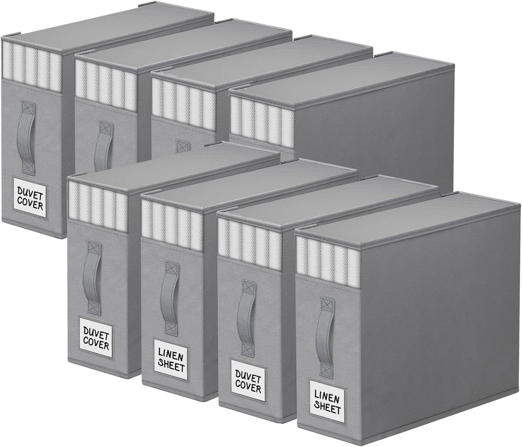 8 Pack Bed Sheet Closet Organizers and Storage,Sturdy Foldable Storage Containers with Window and Label,Storage and Organization for Bedding Sheets,Duvet Covers,Blankets (Grey)