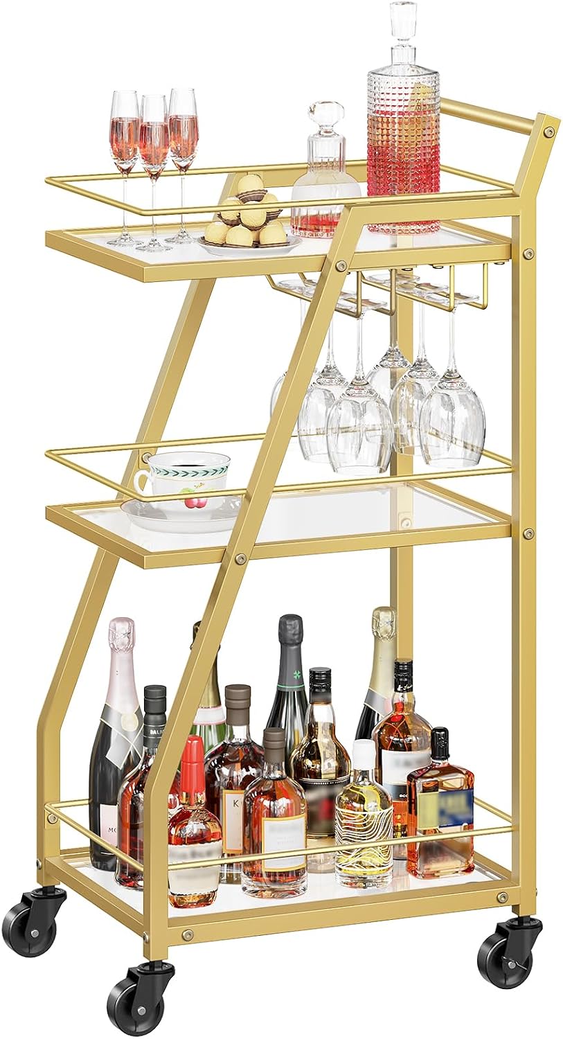 YATINEY Bar Cart, 3-Tier Home Bar Serving Cart with Wheels, Drink Cart with G...