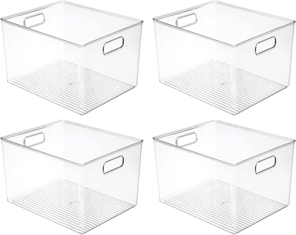 mDesign Plastic Storage Organizer Container Bin, Closet Organization for Hallway, Bedroom, Linen, Coat, and Entryway - Holds Clothing, Blankets, and Accessories, Ligne Collection, 4 Pack, Clear
