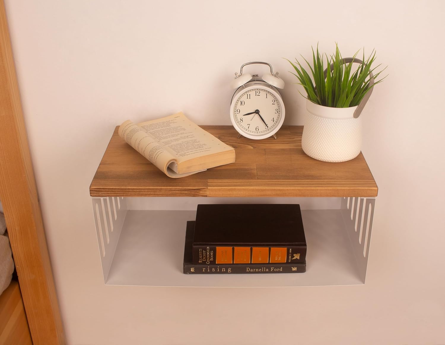 Floating Nightstand with White Metal Base, Wooden Top and Sturdy Metal Base, Minimalist Bedside Table, Wall Mounted Shelf, Bedside Shelf (Capetown)