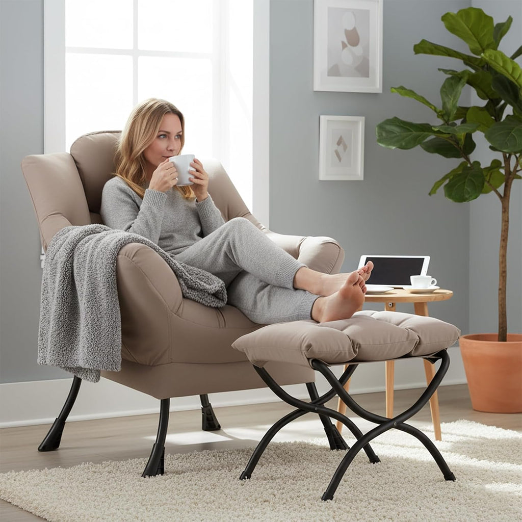 Welnow Lazy Chair with Ottoman, Reading Chair with Footrest，Khaki | A Side Pocket,Armrests,Foldable Footrest,Thick Cushioned Seat & Backrest, Lounge Chair for Bedroom,Living Room & Small Space