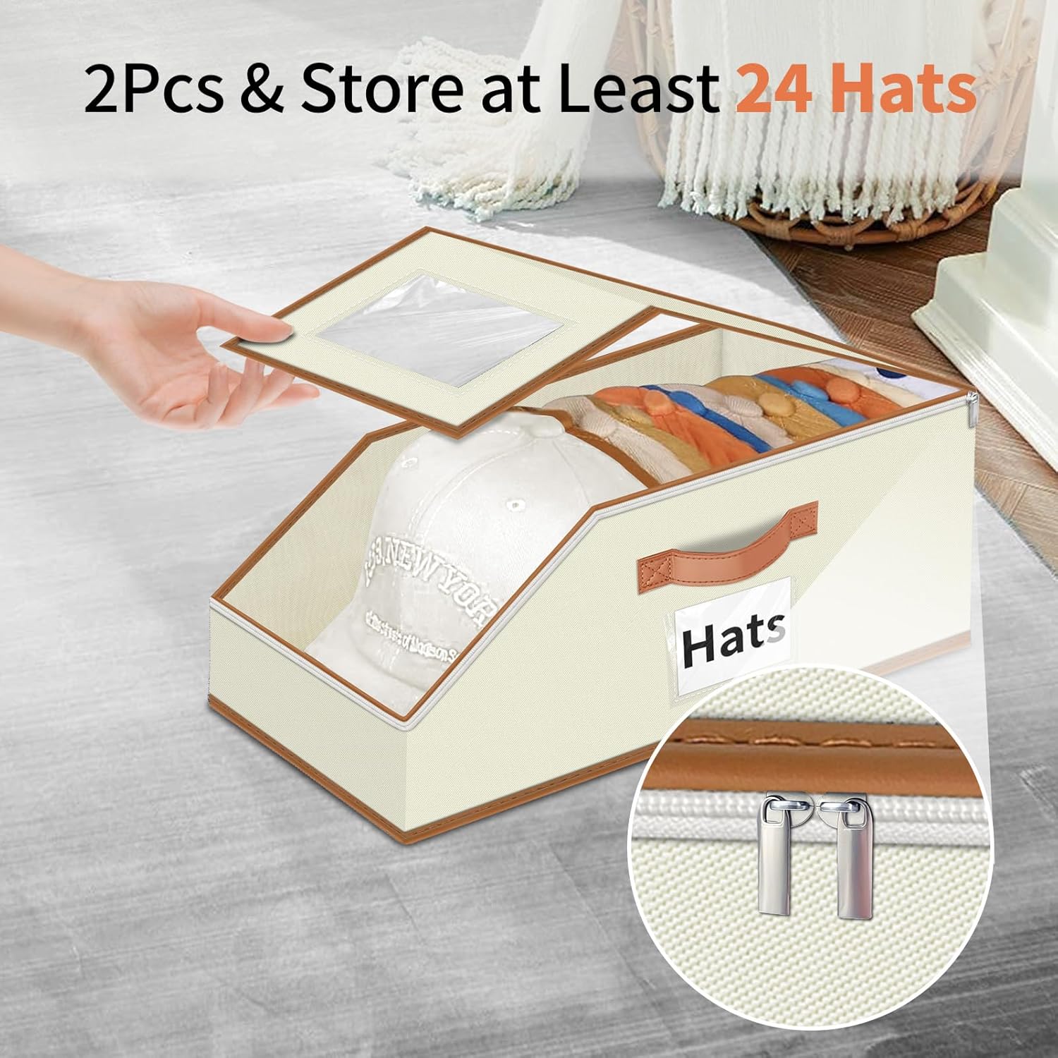 Hat Organizer for Baseball Caps - 2PCS Stackable Storage with Clear Window Lid, Flip-Top Access, Space-Saving Hat Box for Closet, Breathable Fabric (beige with brown)