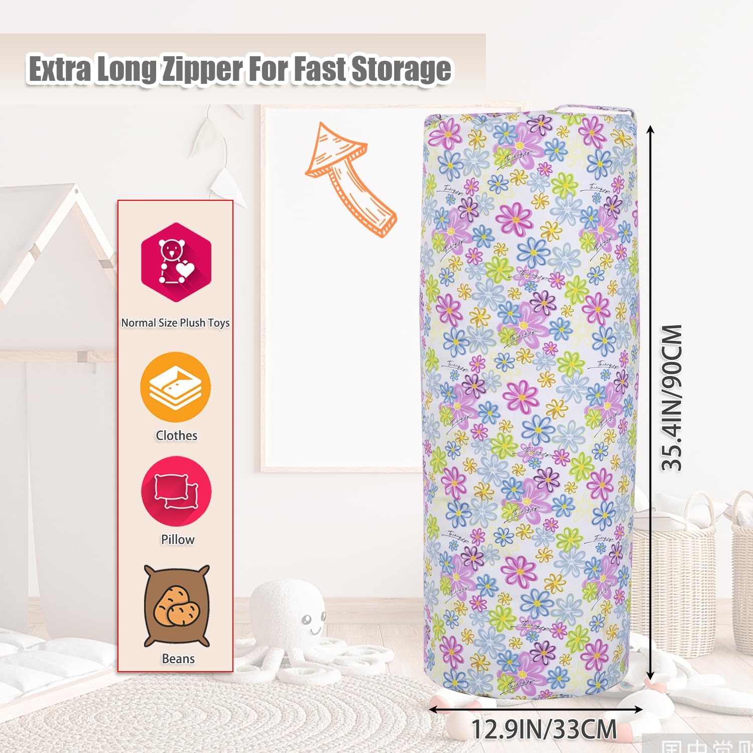 Stuffed Animal Storage Bean Bag Chair Cover (No Filler), Cylinder Plush Toy Storage Stuff and Sit Seat for Kids Boys and Girls, Canvas Large Soft Sit & Play Sofa with YKK Zipper