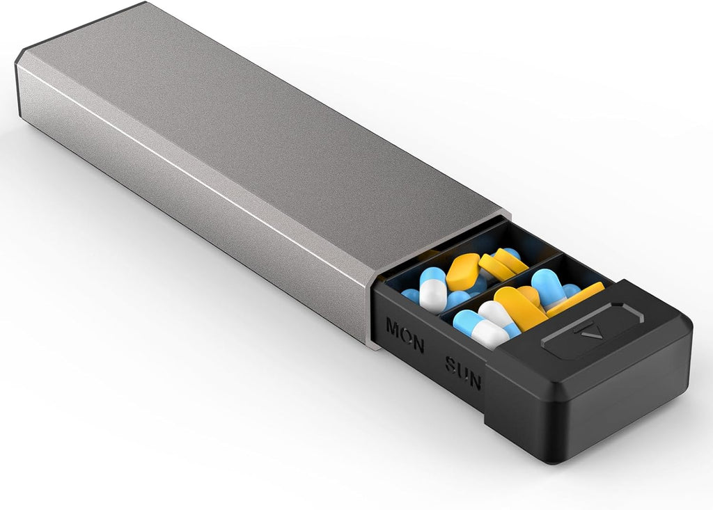 HEIYING Pill Organizer with Aluminum Shell for One Week Capacity, Portable 7 Compartments Pill Box Container to Hold Vitamin, Medicine, Supplements