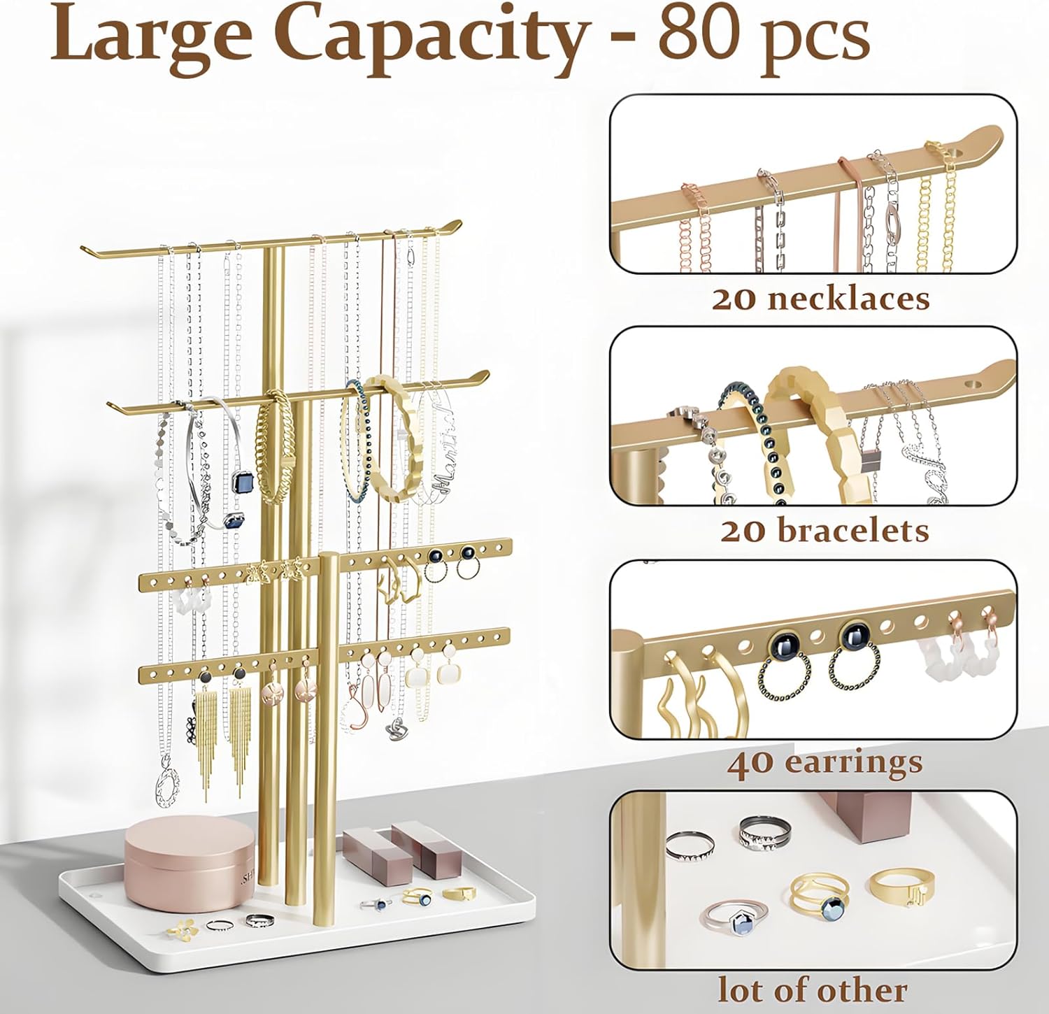 pickpiff Jewelry Stand Holder Organizer: 12.5" Tall Sturdy Hanger for 80 Pcs Jewelry, Gold Jewlery Tower for Necklace, Earring, Bracelet