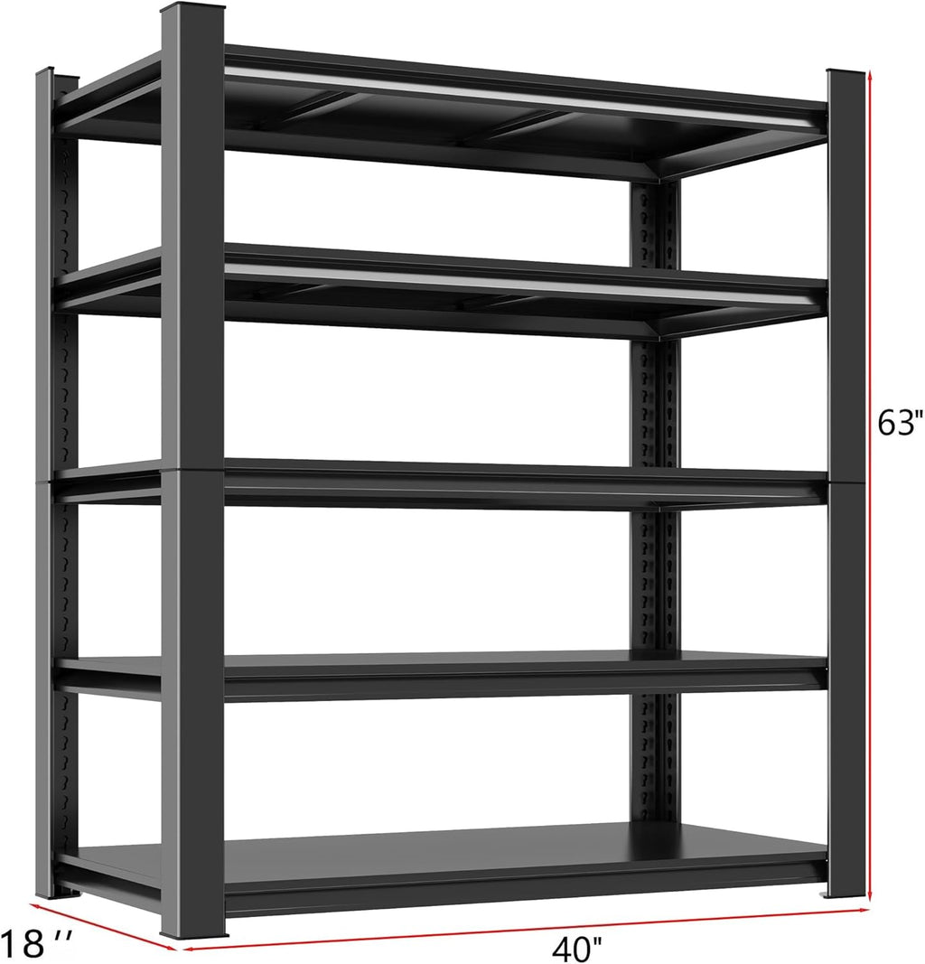Metal Garage Shelving Unit, Heavy Duty 5-Tier Adjustable Storage Rack, Steel Shelving, 3020 lbs Capacity, Industrial Shelves for Heavy Tools and Equipment, Ideal for Garage, Basement, Black, 63"