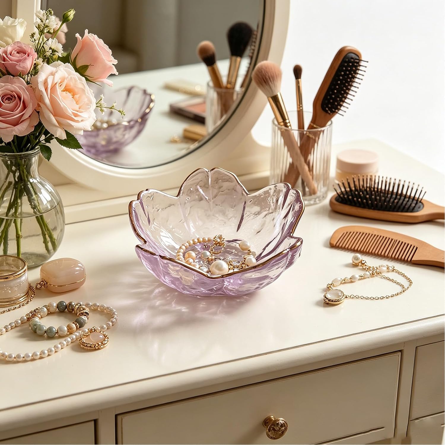 Small Jewelry Dish Tray, Flower Ring Dish Jewelry Tray, Nightstand Decor Glass Trinket Dish, Jewlery Plate Crystal Ring Holder Dish, Gifts Engagement Jewelry Bowl Dish for Rings, Earrings (Purple)