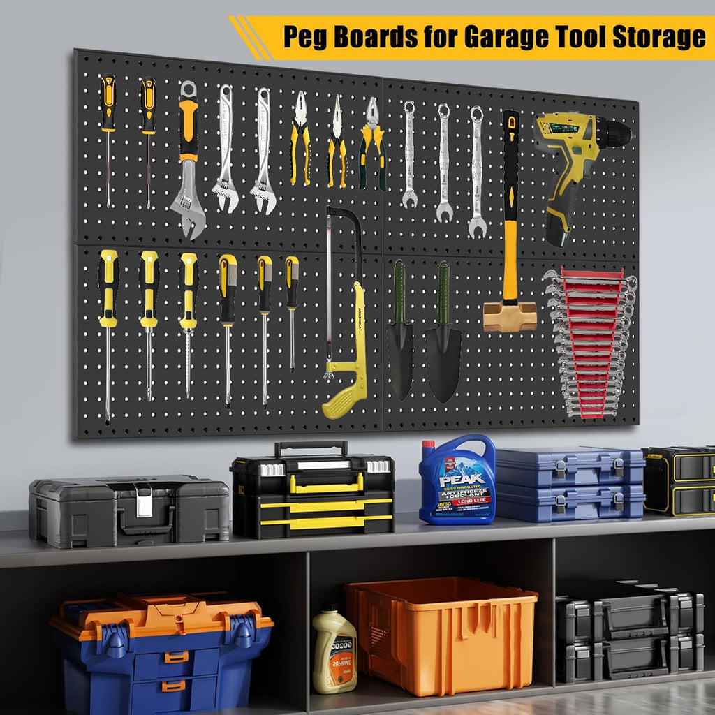 PBHEPJ 6 Pcs Metal Pegboard Panels, Heavy Duty Peg Boards for Garage and Garden Tool Storage, Includes Drywall Anchors and Screws Kits, Black