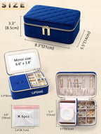 Velvet Travel Jewelry Box with Large Mirror, Double-Layer Jewelry Organizer Case for Women and Girls, Portable Storage Case with 6 Anti-Tarnish Bags Gift Ready for Her (Navy Blue)