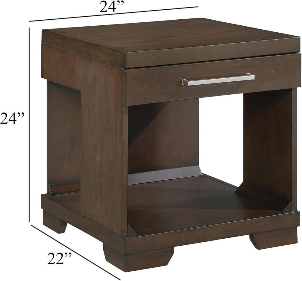 Benzara Duny Side End Table, 24 Inch Top, 1 Drawer with Handle, Espresso Brown