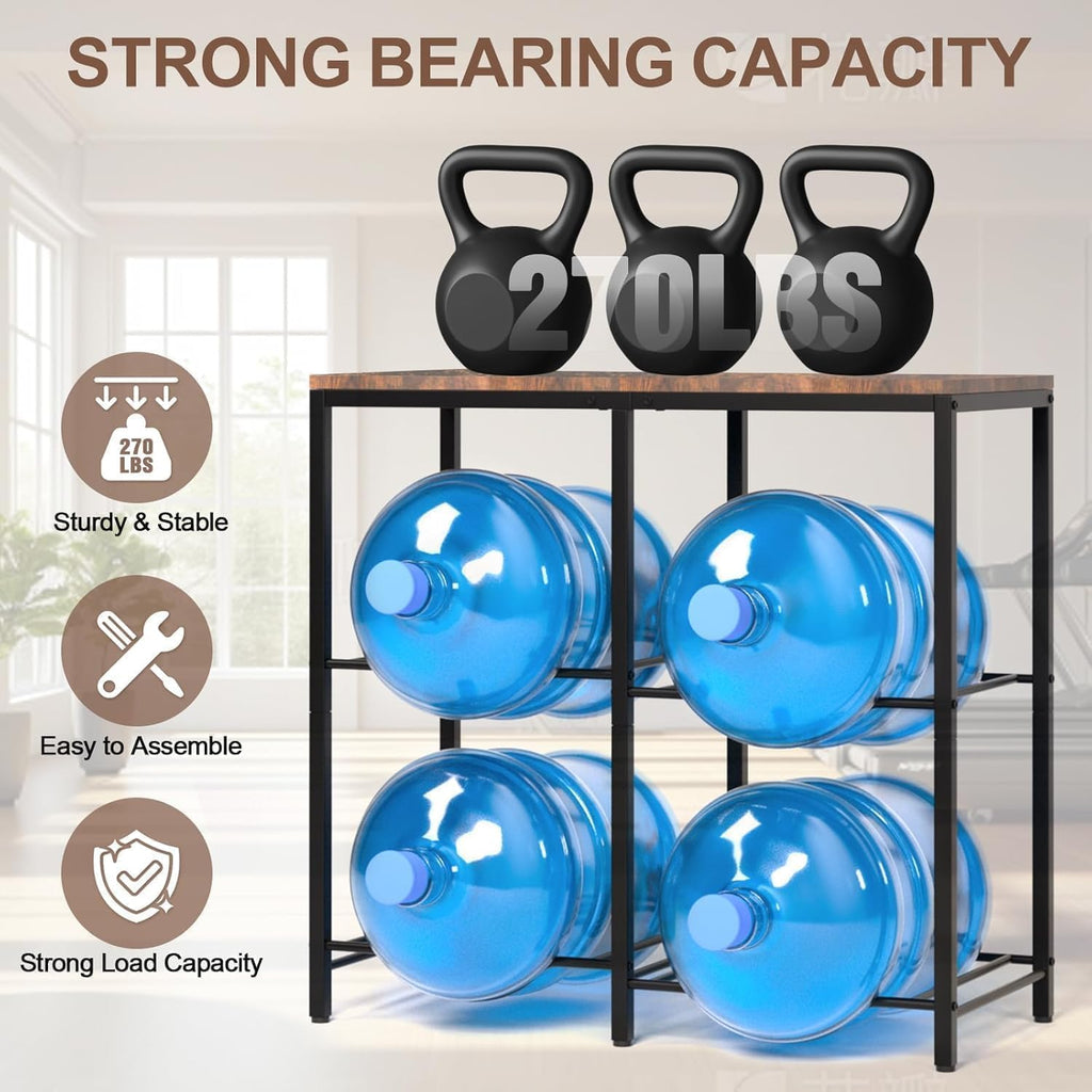 Klvied 2-Tier Water Jug Rack, 5 Gal, Wood Top | Heavy duty steel, wooden top shelf, for kitchen, break room, office, holds 5 gal bottles
