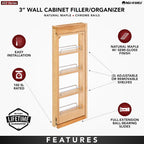 Rev-A-Shelf 3"W x 30"H Pullout Shelf Organizer for Between Wall Kitchen Cabinets, Filler Spice Rack & Seasoning Storage Holder, Maple Wood, 432-WF-3C