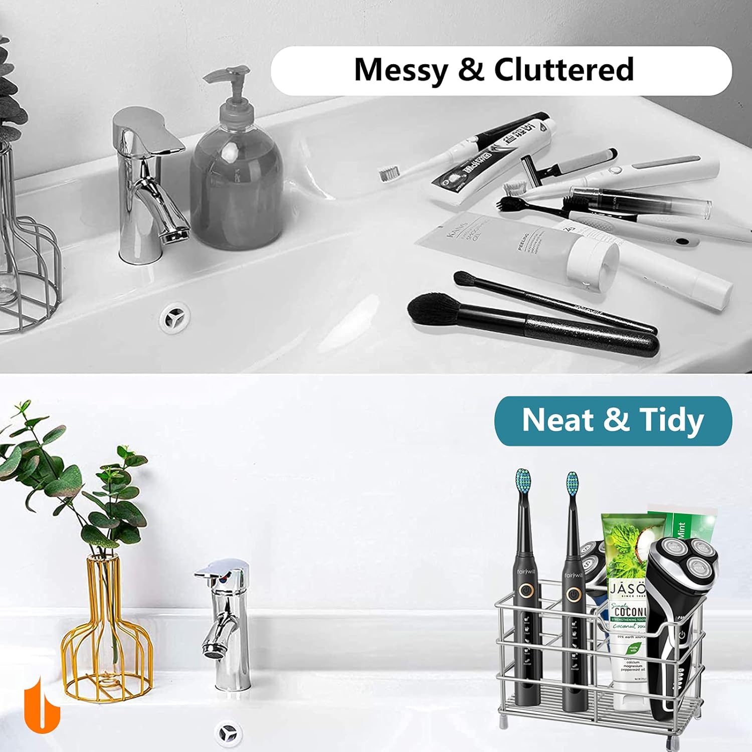 Urbanstrive 304 Stainless Steel Bathroom Toothbrush Holder Toothpaste Holder Stand Bathroom Accessories Organizer (Silver, Large)