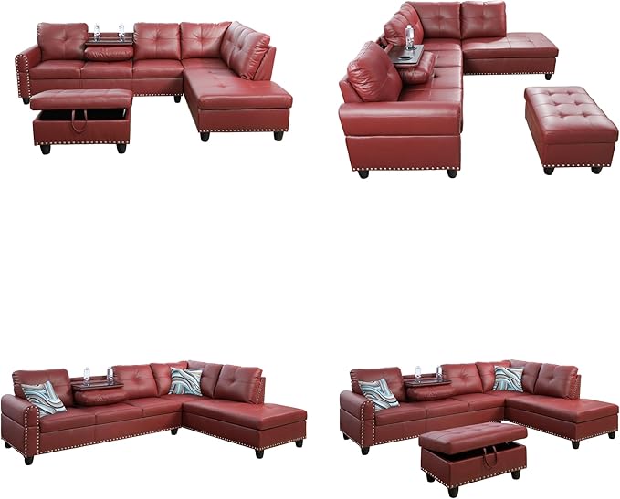 Sectional Couches for Living Room with Movable Chaise & Storage Ottoman - 97.5" Leather L Shaped Couches for Living Room Apartment, Home Modular Sectional Sofas with Cup Holder, Red