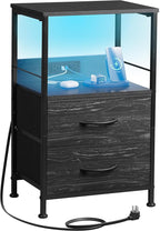 WLIVE Night Stand with Charger Station, LED Nightstand for Bedroom, Small Dresser with 2 Fabric Drawers for Small Spaces, Bed Side Table, Charcoal Black and Wood Grain Print