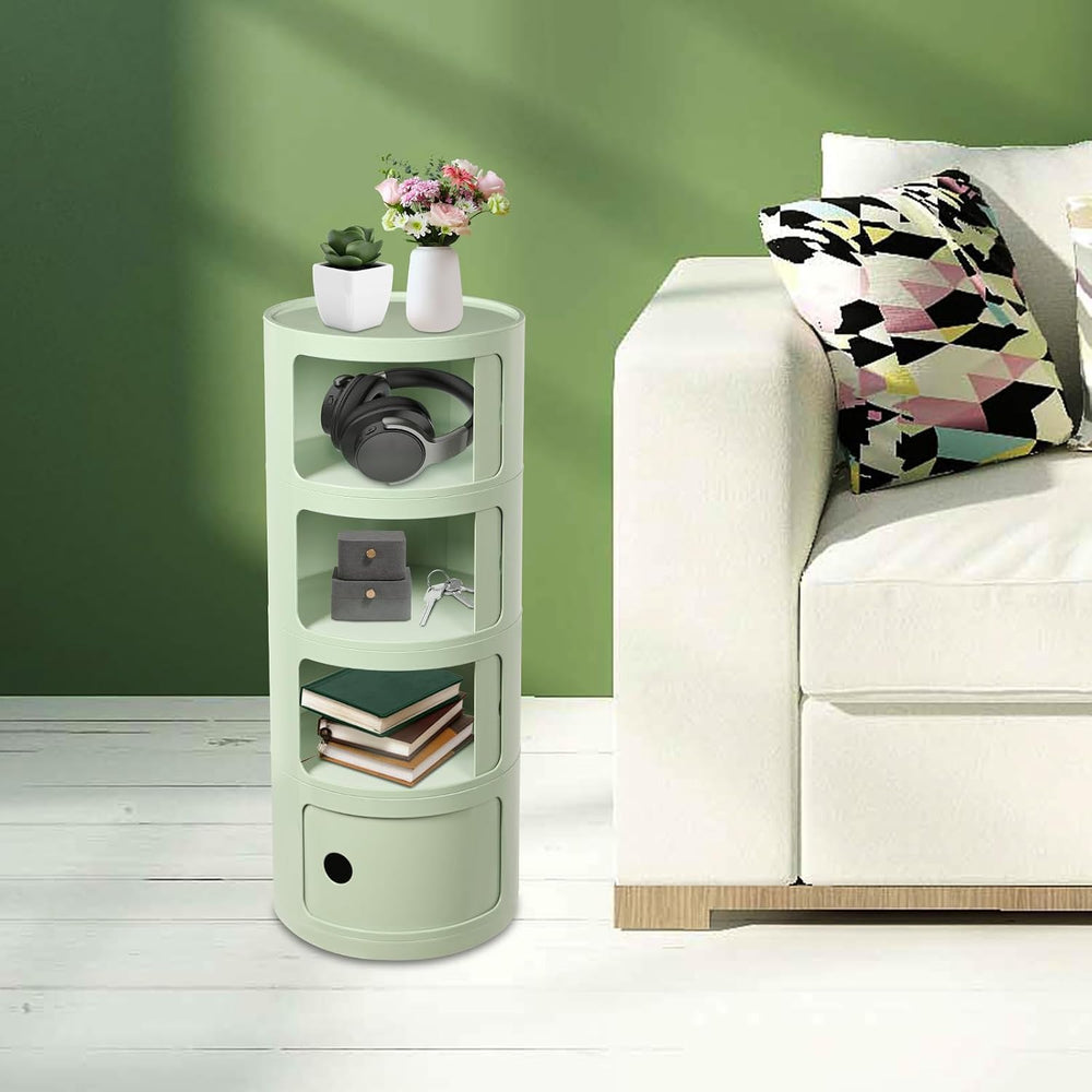 Round Nightstand, 4 Tier Circular Side Table with Sliding Doors, Modern Cylin...