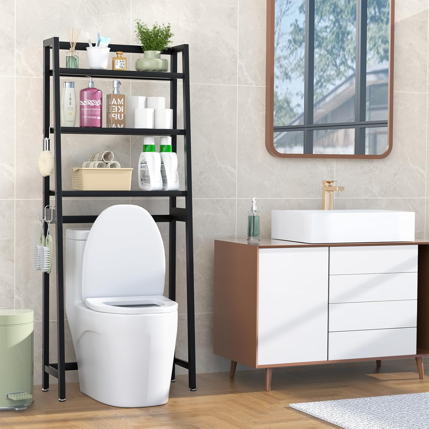 VASMIA Over The Toilet Storage,Bamboo 3-Tier Bathroom Organizer Over Toilet Storage Cabinet,Freestanding Space Saver with 3 Hooks Black