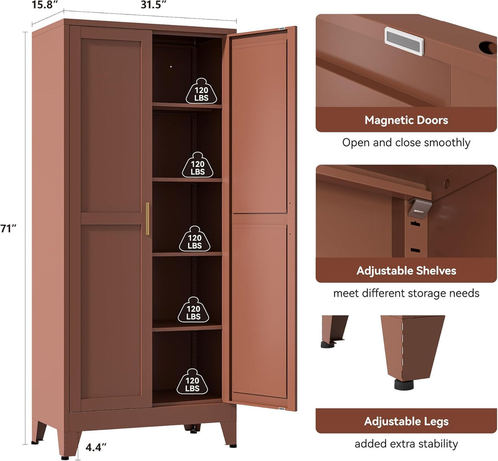 YAUWOH 71''Metal Cabinet with 4 Adjustable Shelves,5-Tier Pantry Stor...