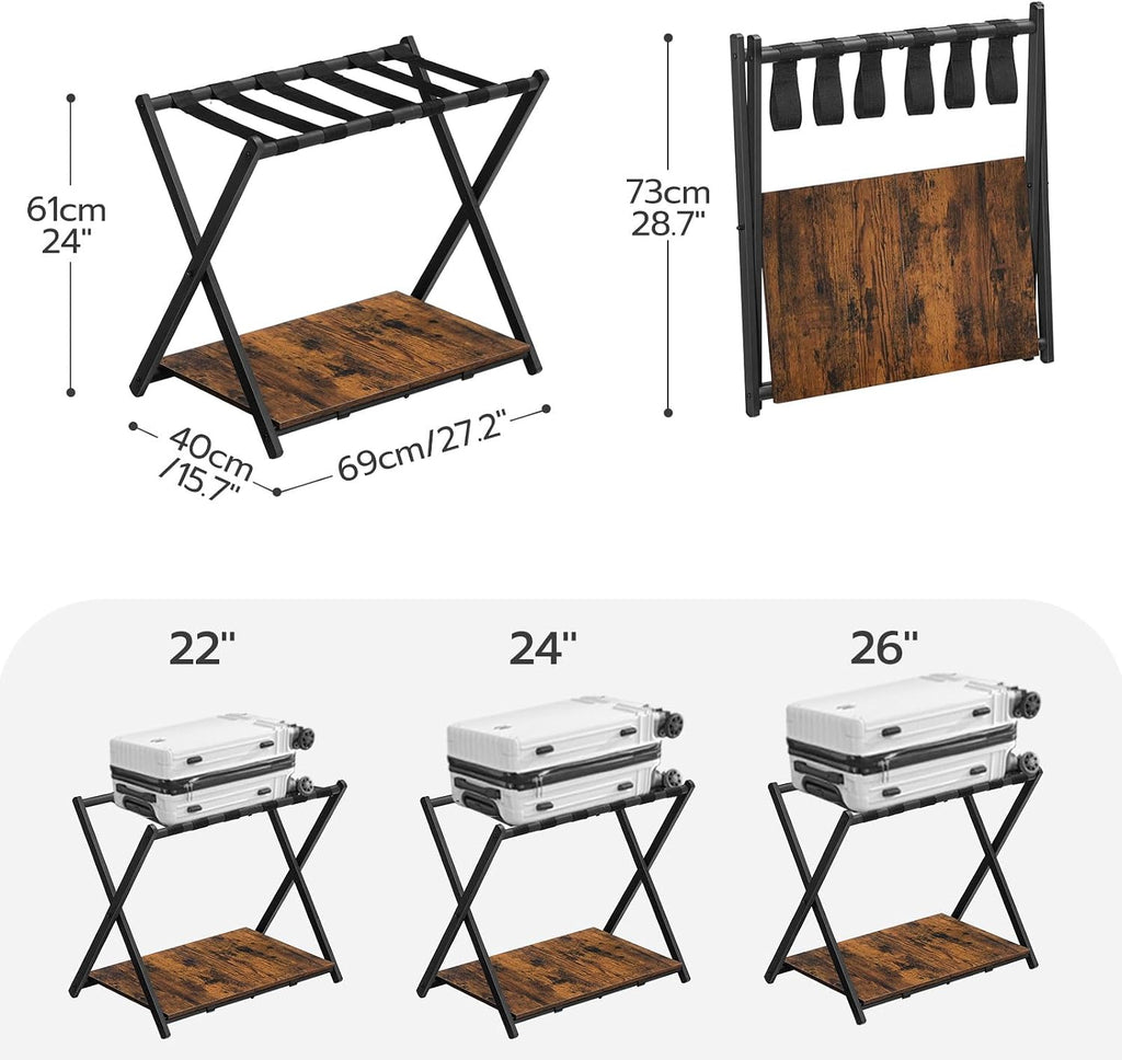 HOOBRO Folding Luggage Rack, Suitcase Stand Holder with Wooden Storage Shelf, Holds up to 110 lb, 27.2 x 15.7 x 24 Inches, for Guest Room, Bedroom, Closet, Hotel, Rustic Brown and Black BF68XL01G1