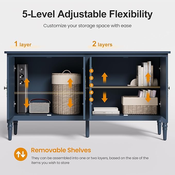 RoyalCraft Buffet Sideboard Table 2 pcs, 59'' Mid Century Modern Console Table, Media Cabinet with 4 Doors, Accent Cabinet Wood Sideboard, for Entryway, Living Room, Dining Room, Navy Blue