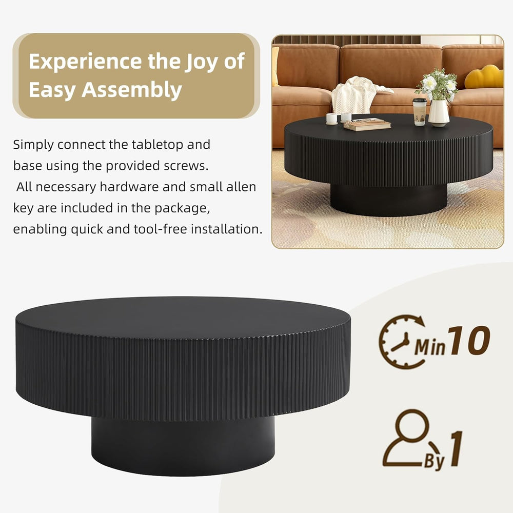 31.5“ Round Fluted Coffee Table, Modern Wood Circle Center Table, Accent Tea ...
