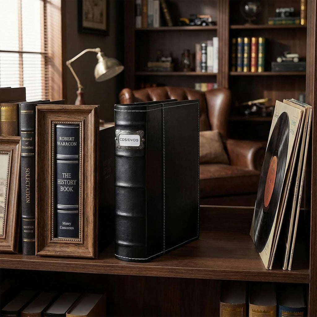 CD DVD Storage Binder, Holds 56 Discs and 28 Booklets with Tag Slots, PU Leather Wallet Organizer for Blu-ray Movies, Music, Video Games, Home and Car