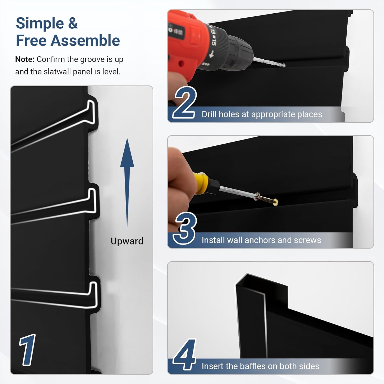 Slatwall Panel 4 FT x 4 FT, Interlocking Slat Wall Paneling, Wall Mounted PVC Wallpanel, Suitable for Garage Storage and Organizer, Slatwall Board, Shelves - Black