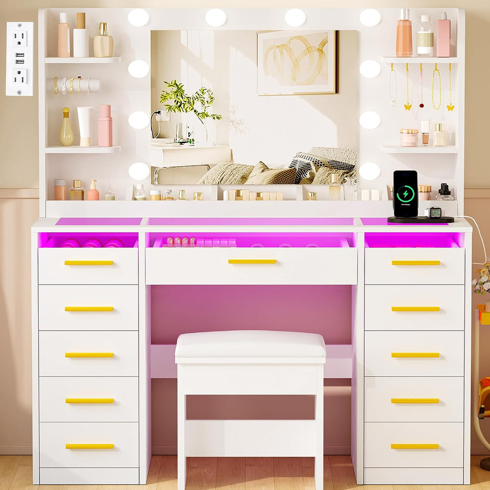 Large Makeup Vanity with Mirror and Lights, 11-Drawer RGB Vanity