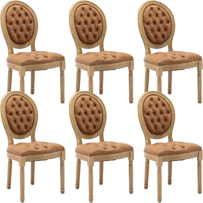 French Country Dining Chairs Set of 6,Farmhouse Upholstered Dining Room Chairs with Tufted Round Back&Solid Leg,PU Leather Kitchen Side Chairs for Kitchen/Bedroom/Dining Room,Tan