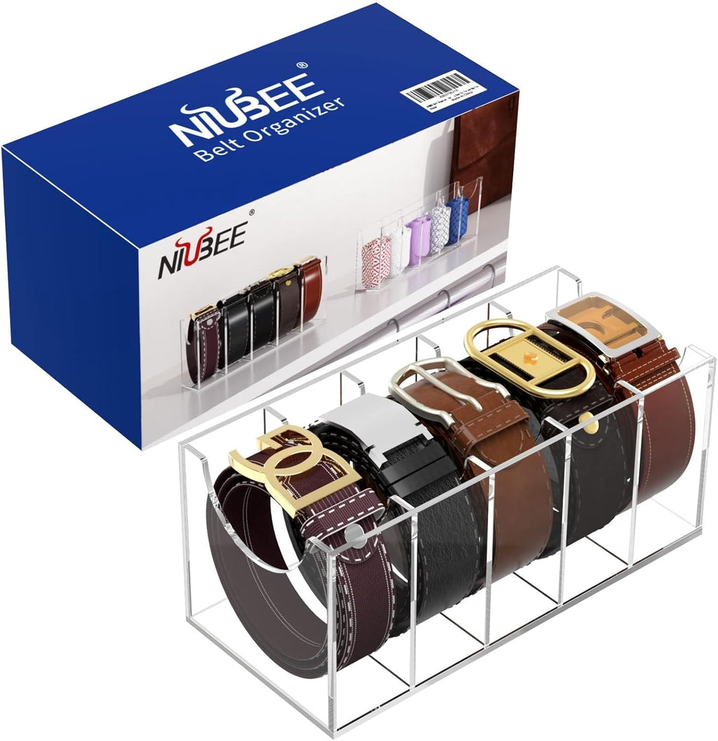 NIUBEE Belt Organizer, Acrylic Belt Storage Holder for The Closet, 5 Compartments Display Case for Tie and Bow Tie