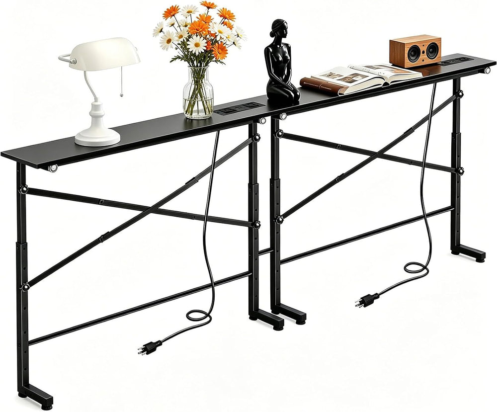 Adjustable Behind Couch Table with Outlets, Black