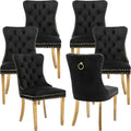 Mid Century Modern Dining Chairs Set of 6, Black Velvet Upholstered Tufted Back, Kitchen & Dining Room Chairs, Gold Metal Legs, Nailhead Trim, Sillas para Comedor (Black, 6 Pcs)