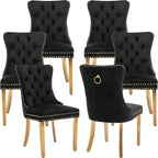 Mid Century Modern Dining Chairs Set of 6, Black Velvet Upholstered Tufted Back, Kitchen & Dining Room Chairs, Gold Metal Legs, Nailhead Trim, Sillas para Comedor (Black, 6 Pcs)