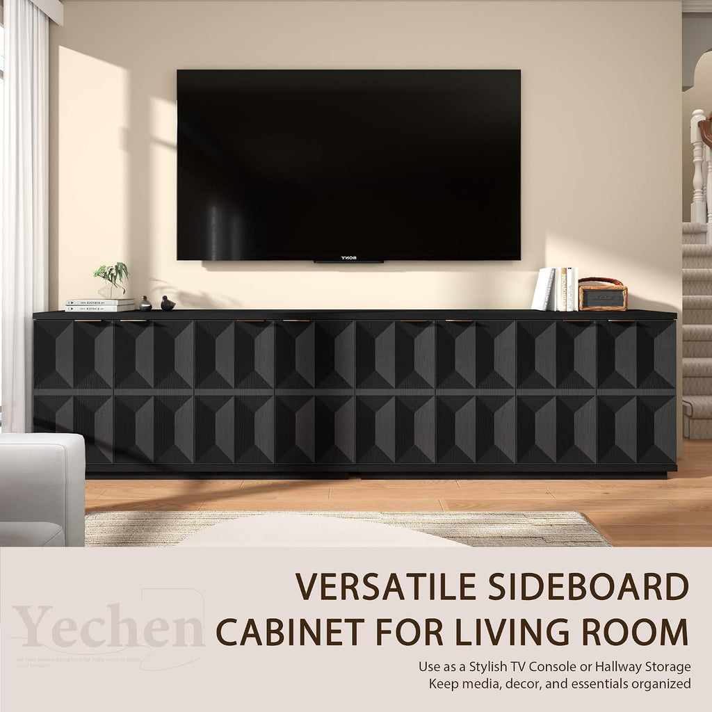 Yechen 118" Black Sideboard Buffet Cabinet with Storage, Modern Credenza with 3D Geometric Pattern Doors & Adjustable Shelves, Accent Wood Media Console Table for Living Room, Kitchen/2 Pieces