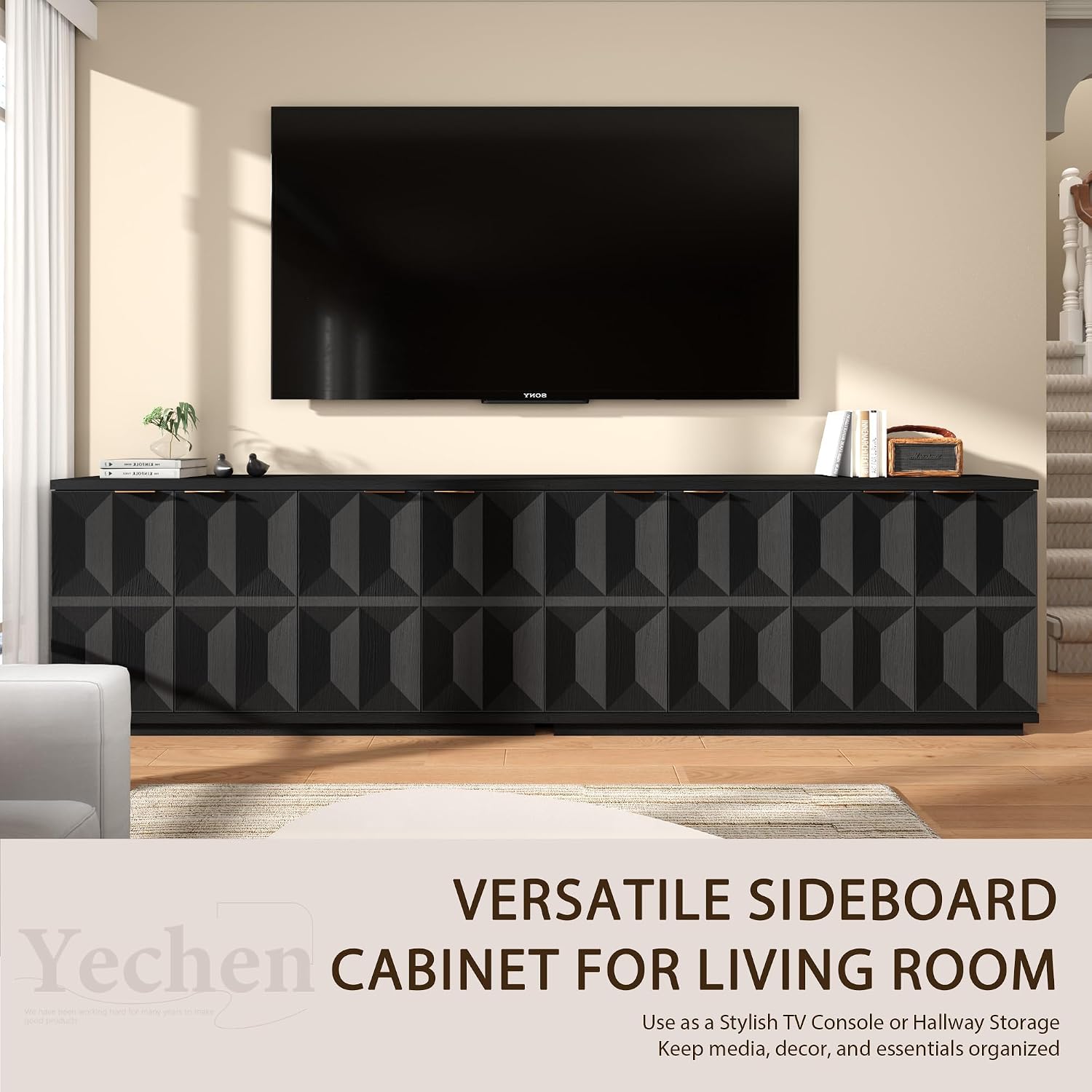 Yechen 118" Black Sideboard Buffet Cabinet with Storage, Modern Credenza with 3D Geometric Pattern Doors & Adjustable Shelves, Accent Wood Media Console Table for Living Room, Kitchen/2 Pieces