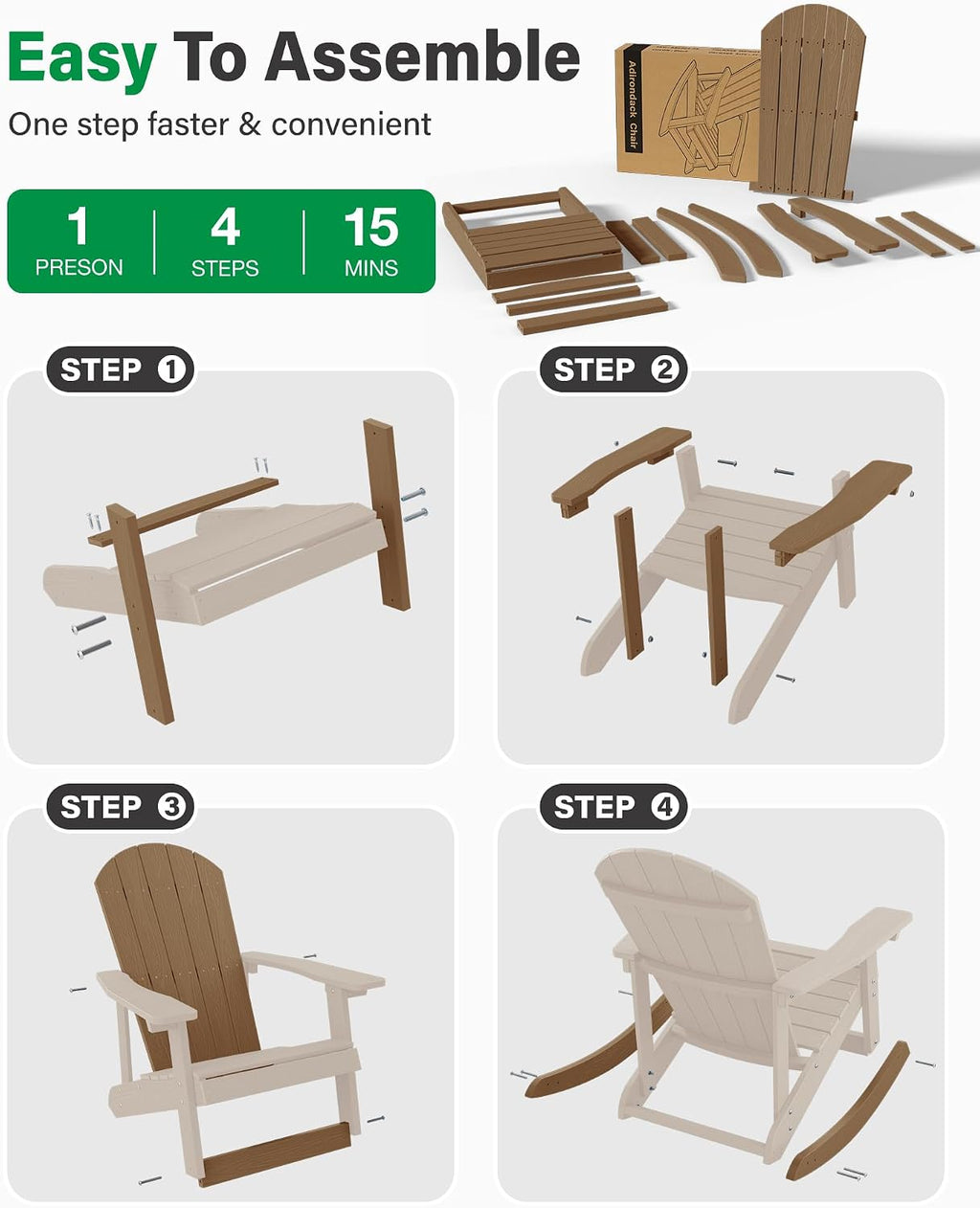 YEFU Adirondack Rocking Chair Set of 2, All-Weather Resistant, Teak | Outdoor Rocking Chair Oversized, Rocker Chair with Wide Back,Look Like Real Wood, For Patio/Porch/Backyard,Heavy Duty 380 lbs