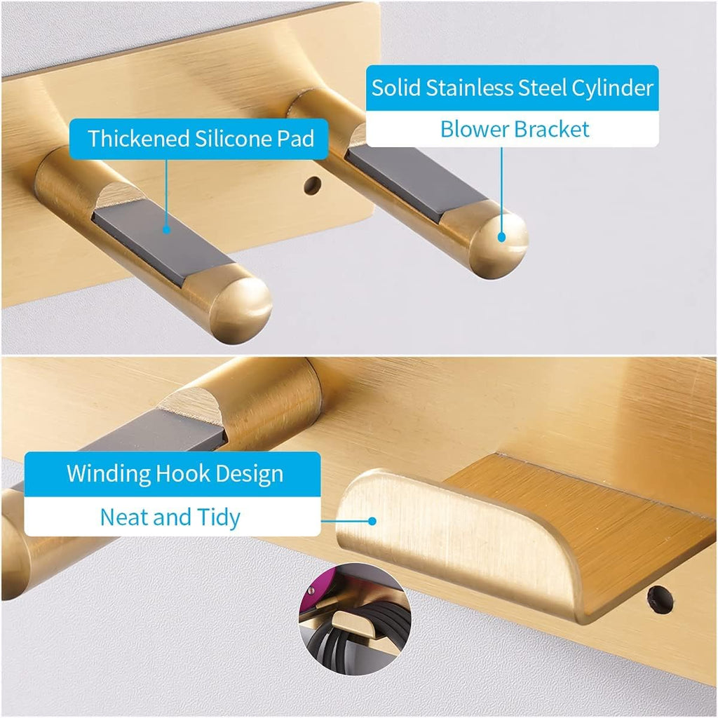 Hair Dryer Holder, Self Adhesive Blow Dryer Holder, Stainless Steel Hair Dryer Stand, Hair Dryer Holder Wall Mounted Compatible with Dyson Blow Dryer Gold
