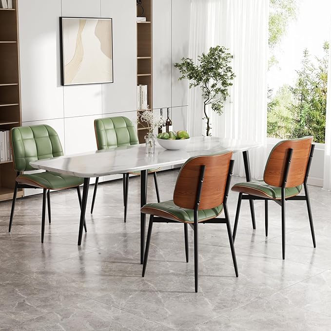 Dining Chairs Set of 8, Mid Century Modern Dining Room Chair, Upholstered Faux Leather Kitchen Chairs with Thick Cushion and Walnut Bentwood Back for Kitchen Dining Room, Green