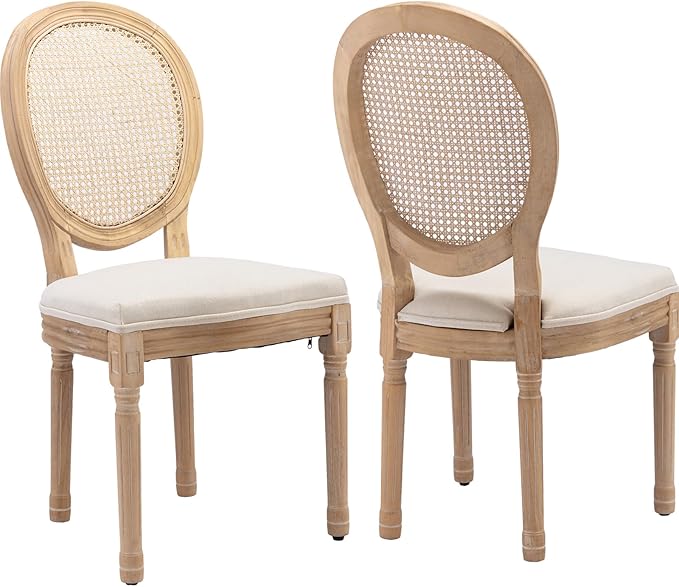 French Country Dining Chairs Set of 2, Cream Kitchen & Dining Room Chairs Set of 2, Ivory Rattan Dining Chairs, Cane Back, Wood Legs, Sillas De Comedor (Rattan, Beige, 2Pcs)