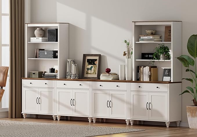 WAMPAT Entertainment Center with Bookshelves for TVs up to 75", Farmhouse Wall Unit TV Stand with 8 Doors & 4 Drawer, Media Console Table for Living Room, Bedroom & Home Theater, Off White