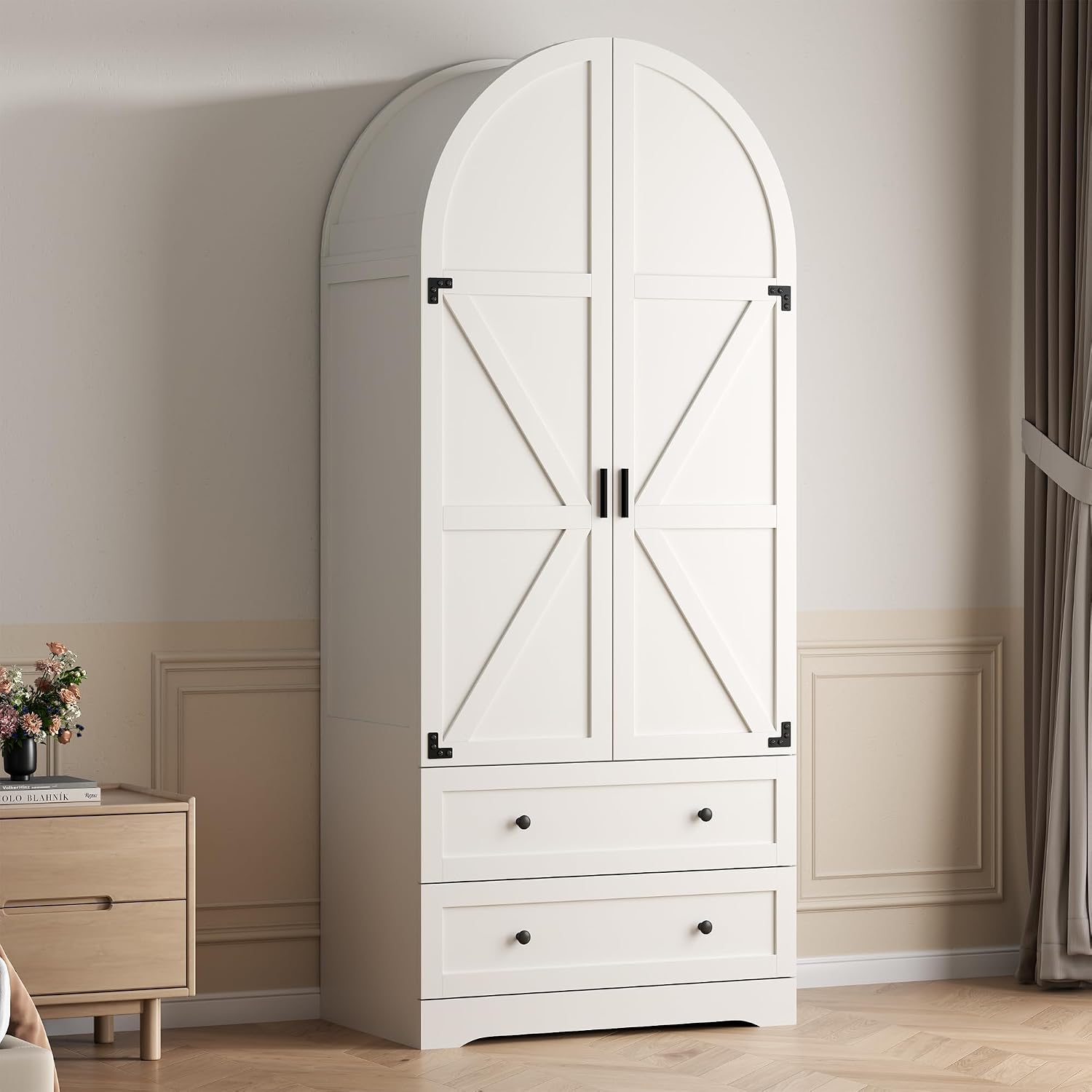 Gyfimoie White Armoire Wardrobe Closet with 2 Drawers, 74.8" Wooden Wardrobe with 2 Doors, Freestanding Closet Armoire Cabinet with Hanging Rack, Clothing Storage Cabinet for Bedroom (White)