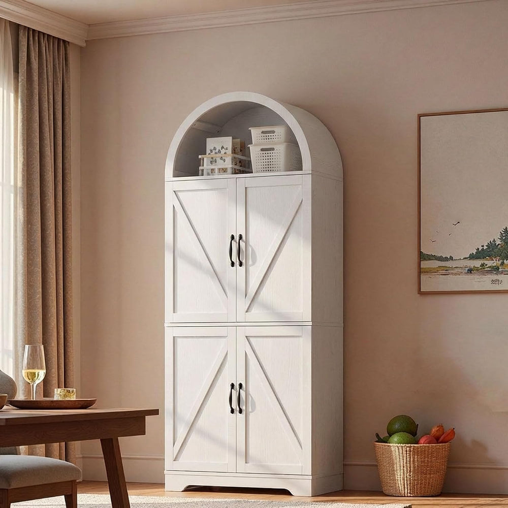 70" Tall Arched Pantry Cabinet, Kitchen Cupboard with Barn Doors, Adjust...