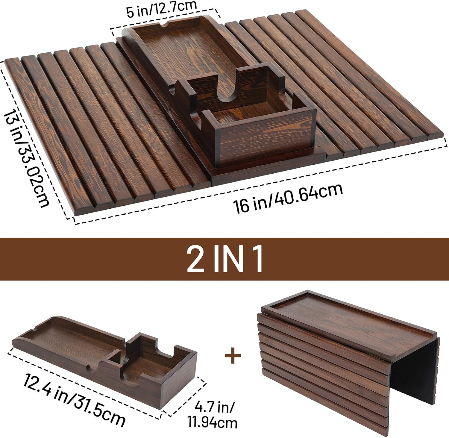 Couch Arm Tray, 2-in-1 Split Design Sofa Armrest Tray for Couch | Anti-Slip Couch Armrest Table, Foldable Couch Tray for Arm, for Dessert, Phone, Control, Cups, Brown