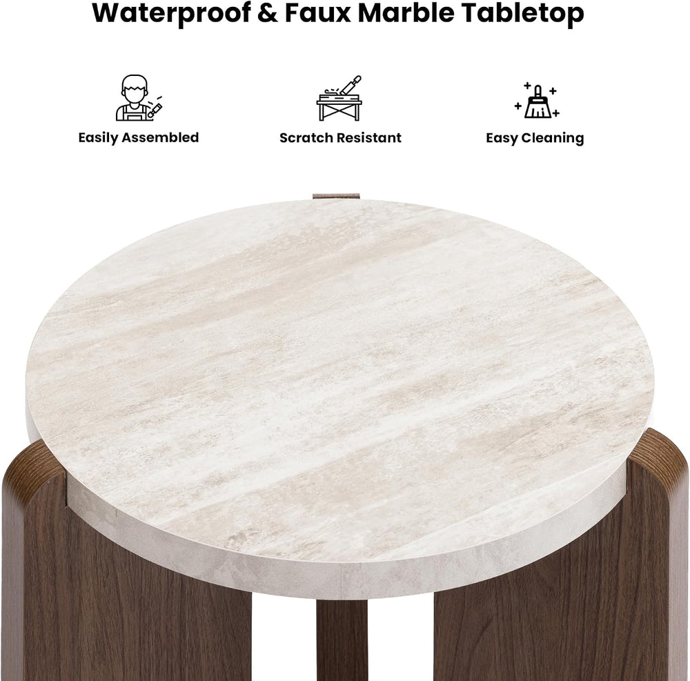 HOMPUS Farmhouse Round End Table, French Country White Bedside Table, Faux Ma...