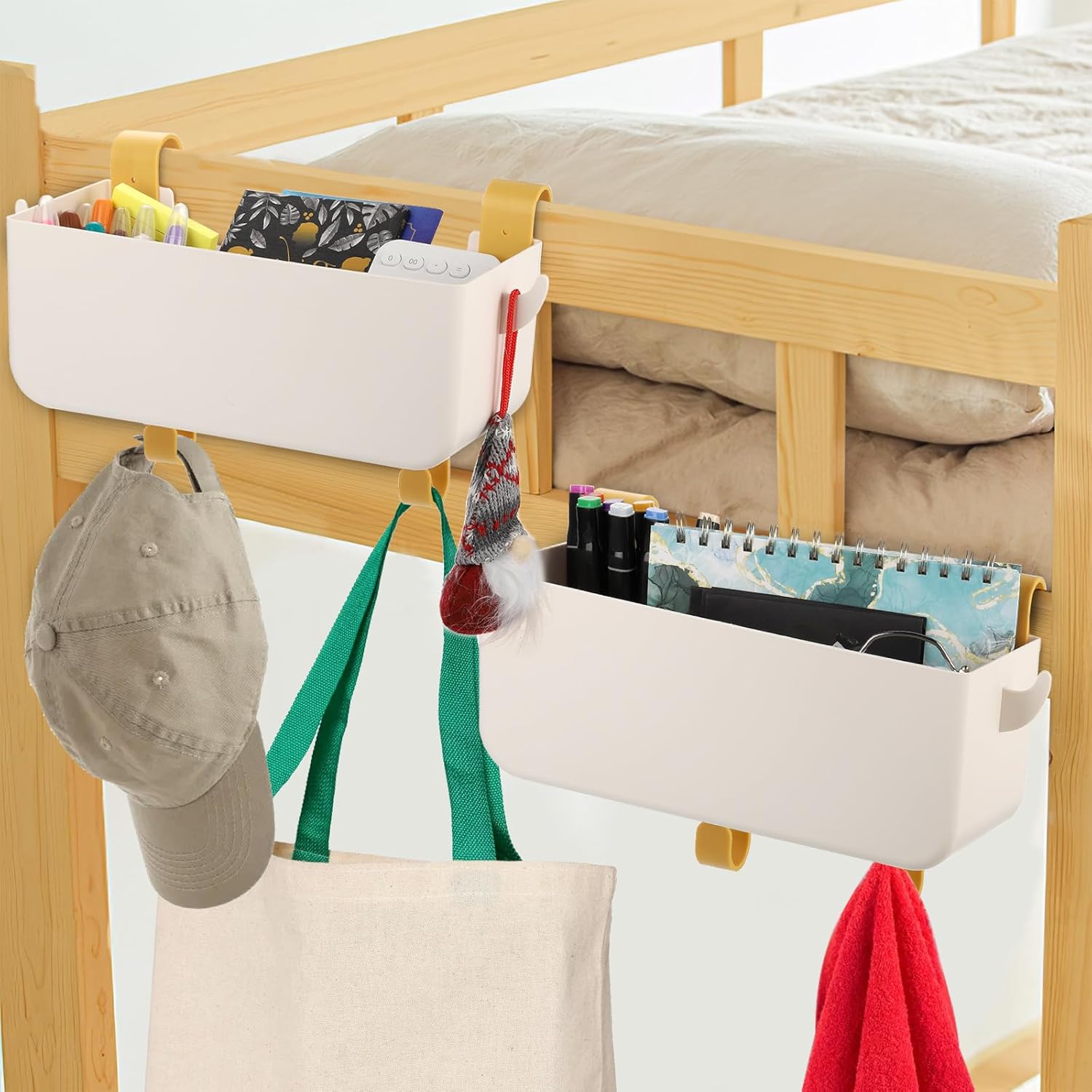 yarlung 2 Pack Bedside Organizer Hanging Caddy, Bunk Bed Shelf Plastic Storage Basket with Hooks for Dorm, Bathroom Handrail, Remote Holder, Bottles, Office Supplies